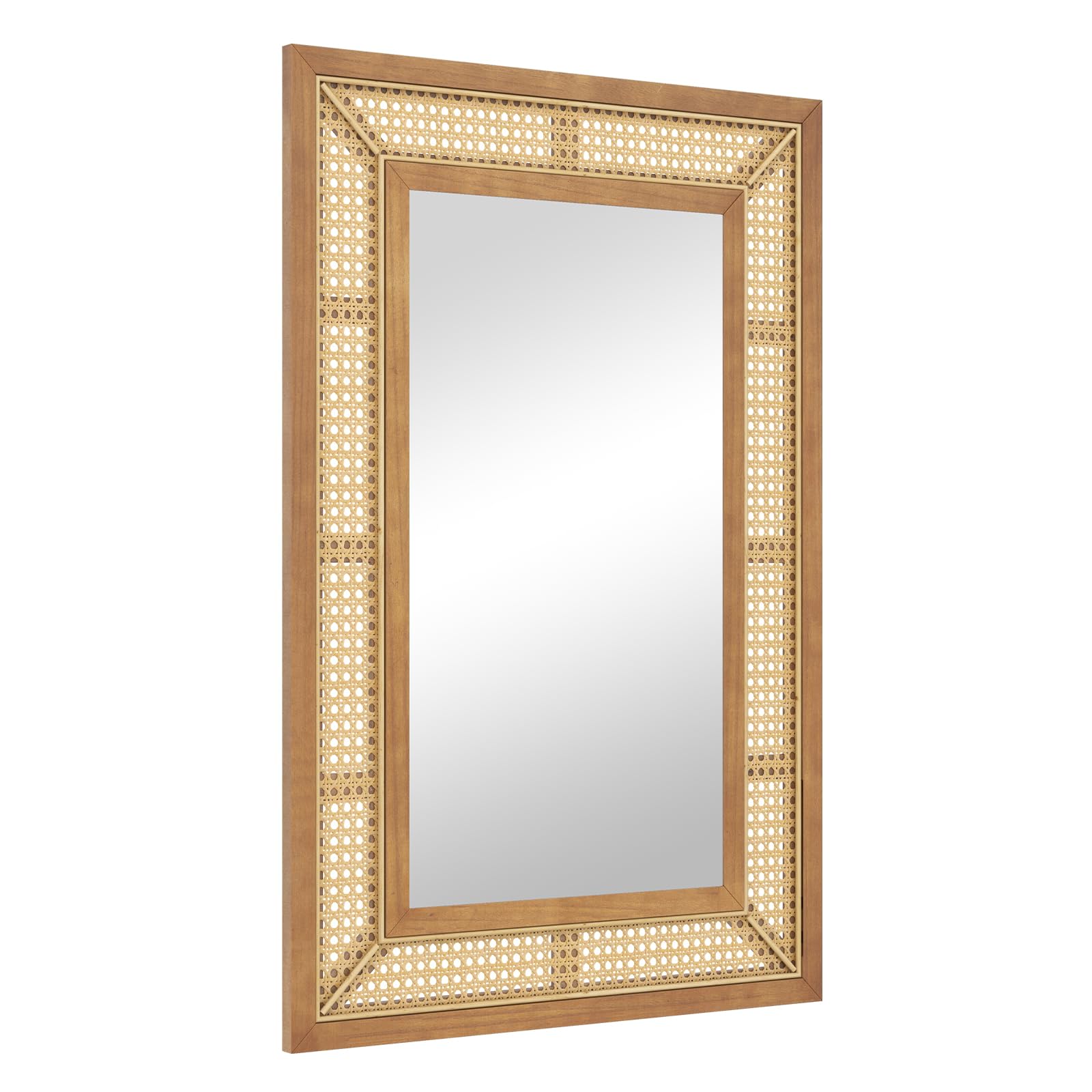 GOPLUS Espejo de Pared de Ratán, Espejo Colgante Rectángulo, Vidrio de Aluminio, Decorativo Rústico para Sala, Dormitorio, Entrada, Baño, Instalación Fácil, Natural, 90 x 60 cm