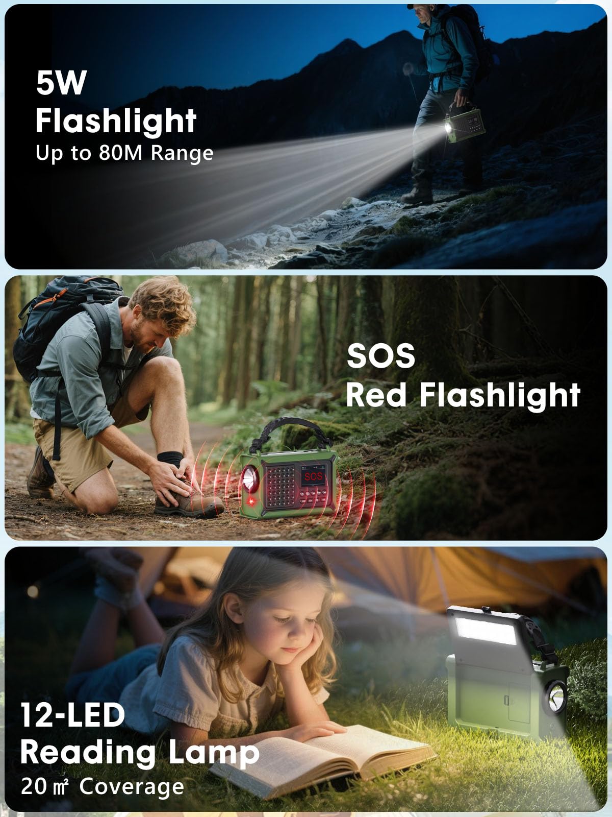 ROCAM Tragbares DAB+ Radio mit Bluetooth, 12000mAh Kurbelradio mit 8500mm² Solarpanel & 650mA Kurbel, DAB/UKW Digital Radio mit 2,4" Farbdisplay, 80 Sender, LED-Taschenlampe, SOS, IPX6 für Notfälle