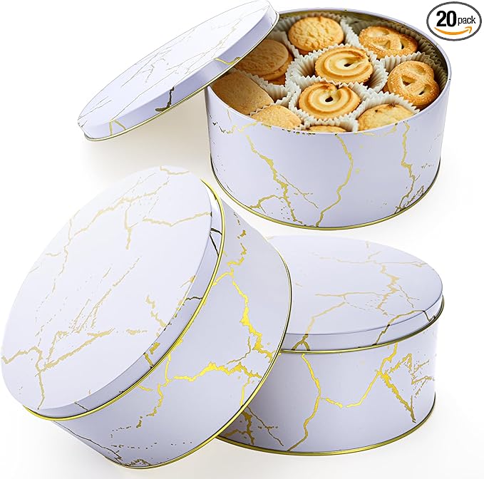 Yopay 3 Pack Cookie Tins with Lids, Round Gift Boxes for Toffee, Marbled Easter Baking Cake Containers for Valentines Gift Giving Puff Pastries Craft Supplies Metal Canister
