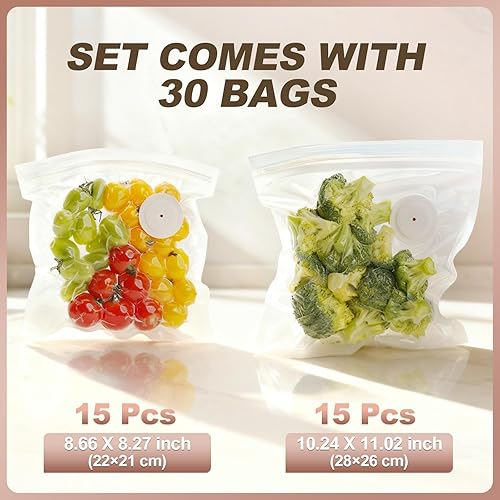 Miniatura 2 de Bolsas selladoras al vacío reutilizables para alimentos 30 bolsas de sellado al vacío reutilizables sin BPA con válvula de aire y 2 clips de