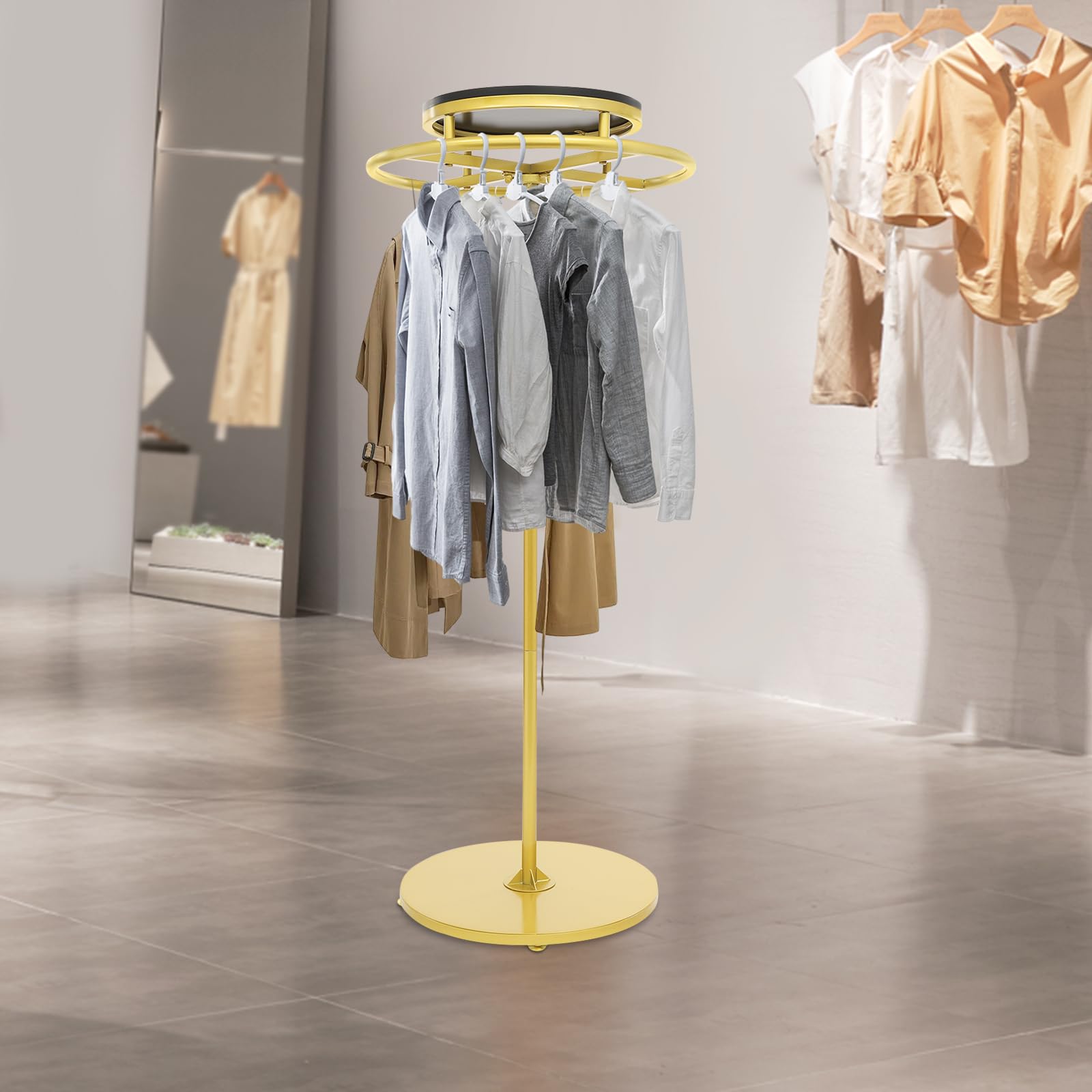 Soporte de ropa redondo giratorio de 360°, expositor de ropa independiente en pie para tienda, tienda de moda, vestidor y dormitorio, estructura metálica