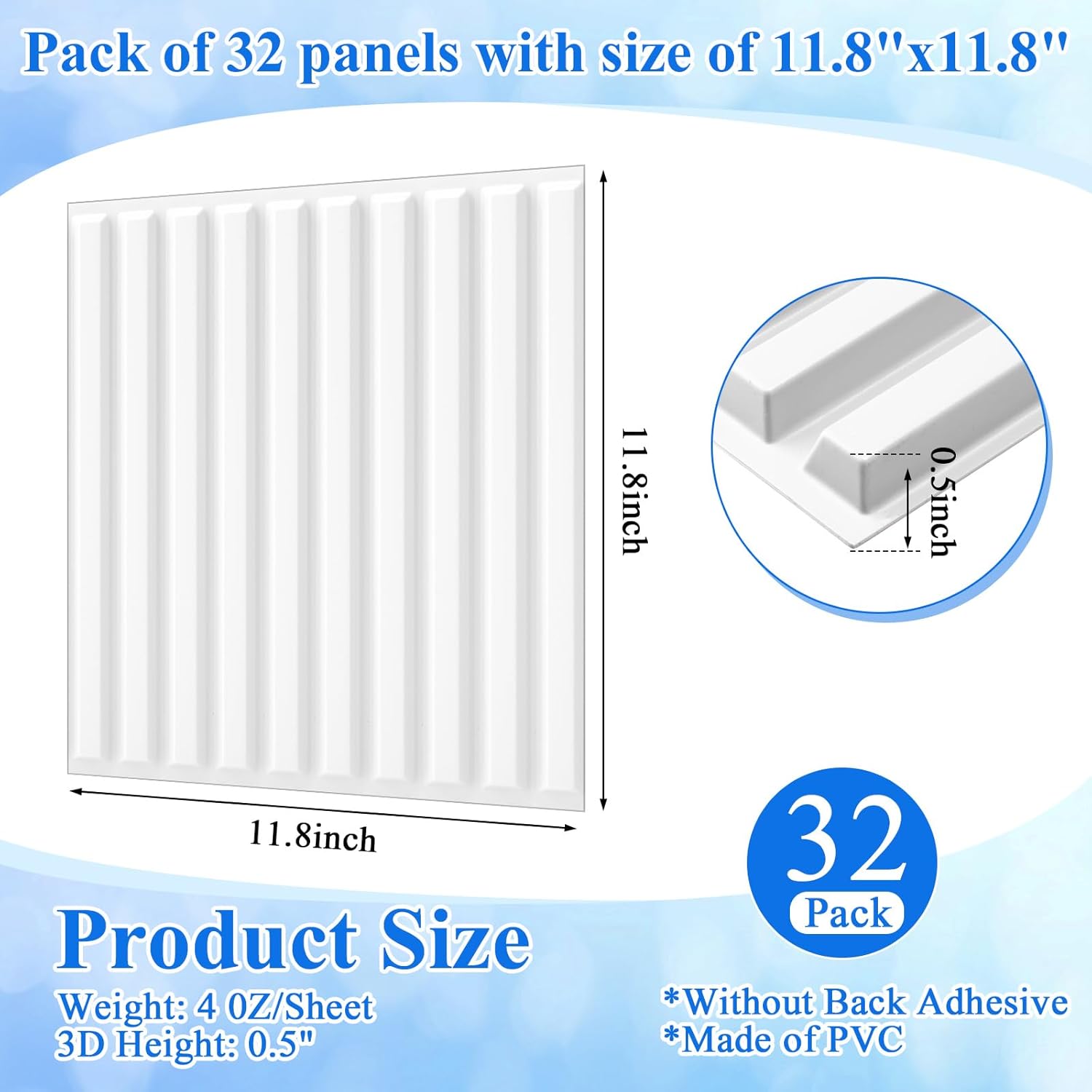 (Similar to stock photo ) Nuanchu 32 Pcs 3D Slat Wall Panels, 12\"x12\" PVC Fluted Wall Paneling for Interior Decor, Paintable Waterproof Textured Tiles for Living Room TV Background Gaming Room, 32 Sq. ft Coverage (White) White 32