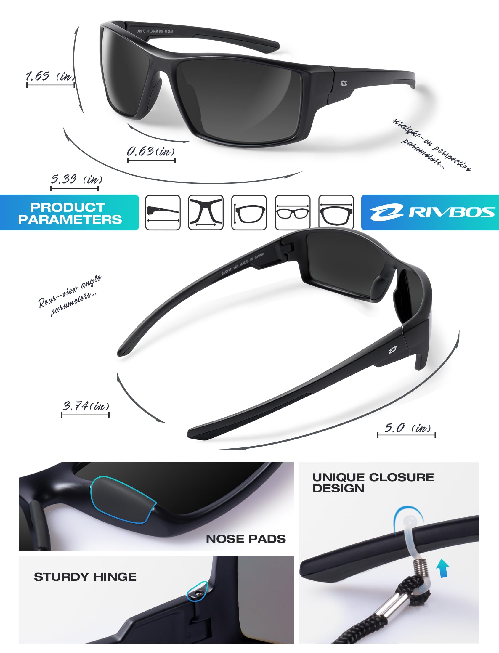 RIVBOS Polarized Sports Sunglasses Driving shades For Men Women TR90 Unbreakable Frame RBS861