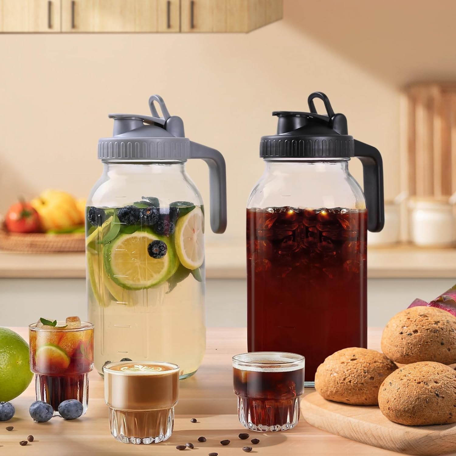64OZ Glass Pitchers with Lid, Wide Mouth Water Jugs, Leak-Proof Airtight Mason Jars for Cold Brew Coffee, Iced tea, Milk, Food Storage, Sun Tea Jar，Set of 2.