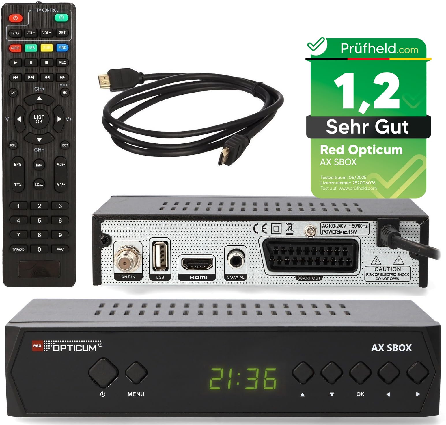 RED OPTICUM HD Sat Receiver für Satellitenschüssel mit Aufnahmefunktion S-Box PVR - Timeshift, HDMI, SCART, USB, Coaxial - Digital TV Receiver für Satelliten/Satellit + HDMI Kabel