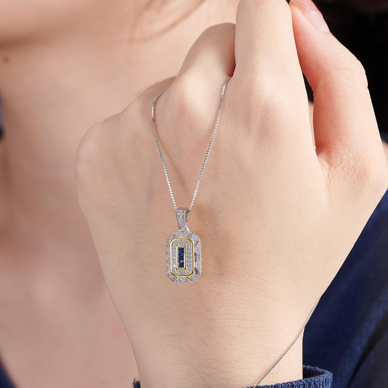 Newshe Women's Created Blue Sapphire White Cz 925 Sterling Silver Gemstone Pendant Chain Necklace 18" - Image 3