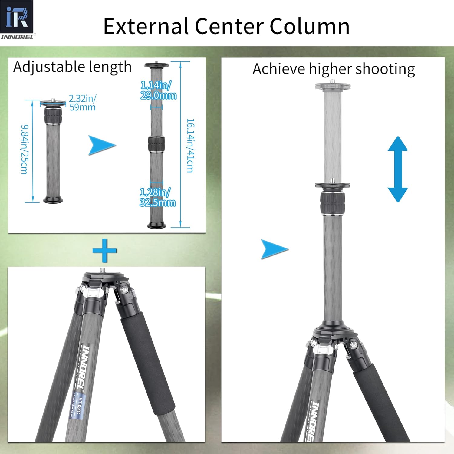 Carbon Fiber Tripod INNOREL KT324C Without Head Professional Portable Compact Travel Tripod for Digital DSLR Camera Heavy Duty Stand Support 1.28in/32.5mm Tube Max Load 55lbs/25kg with Center Column