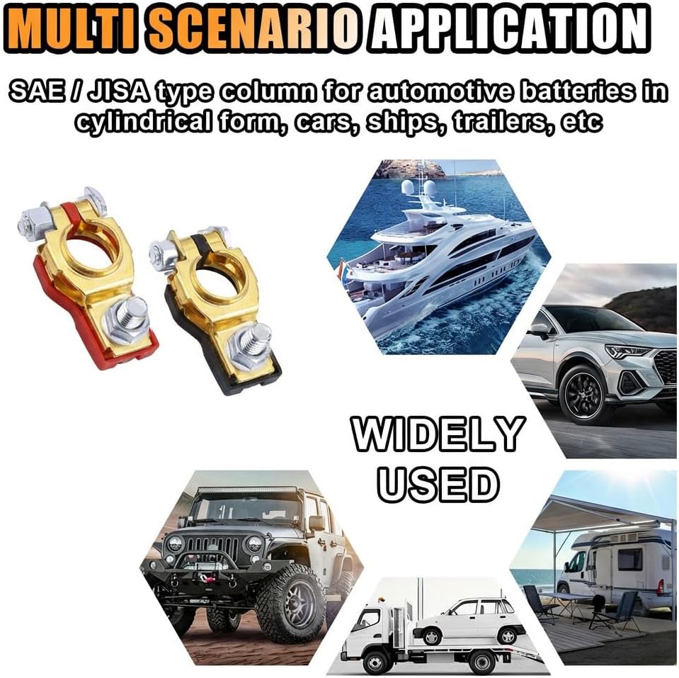 Battery Terminal Connector, Positive and Negative Battery Terminal Clamp Set, Top Post Battery Cable Terminal Connectors with Washers, Car Accessories for SUV Van Motorcycle (Golden-4PCS)