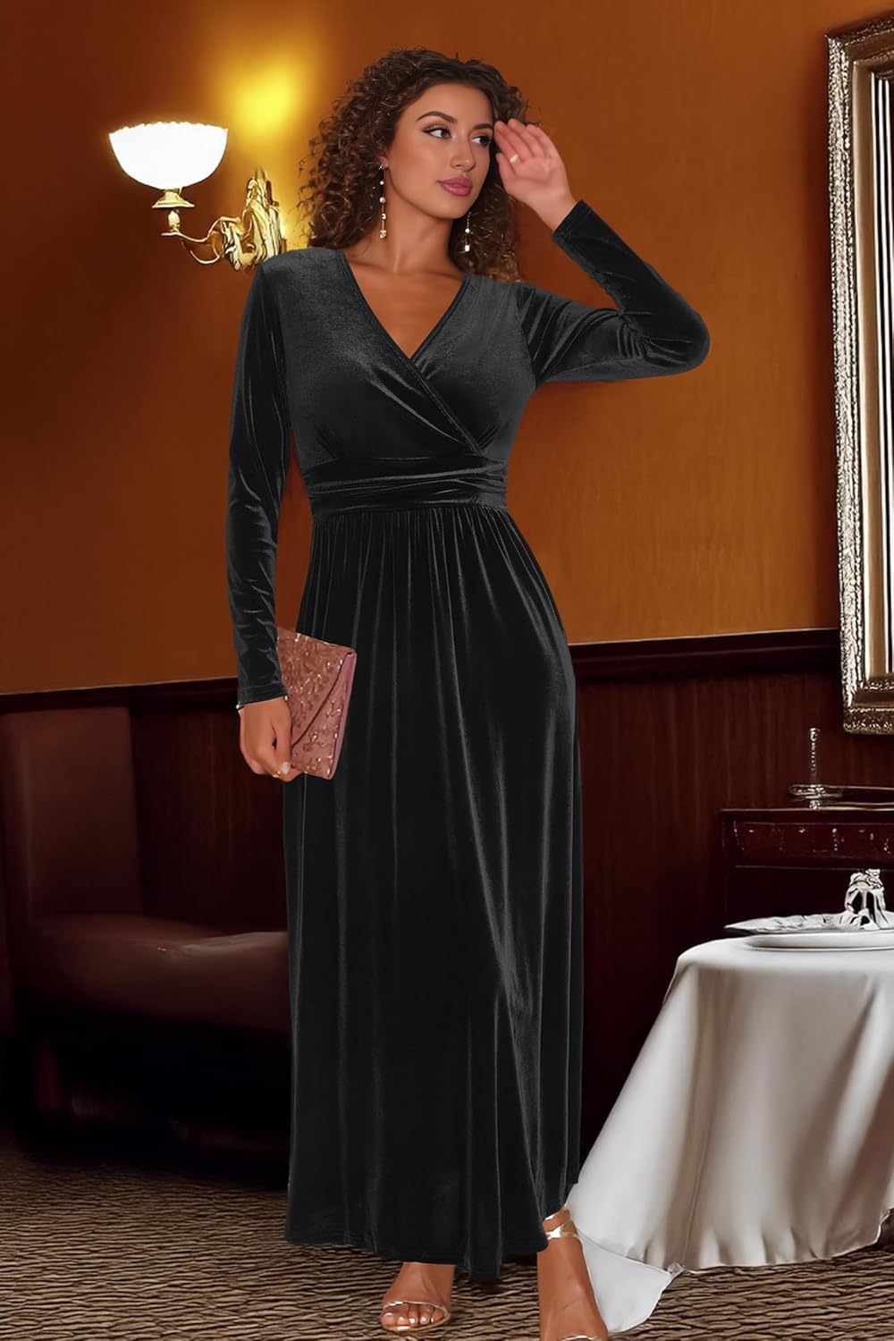 OUGES Women's Long/Short Sleeve V-Neck Wrap Waist Maxi Dress - Image 2