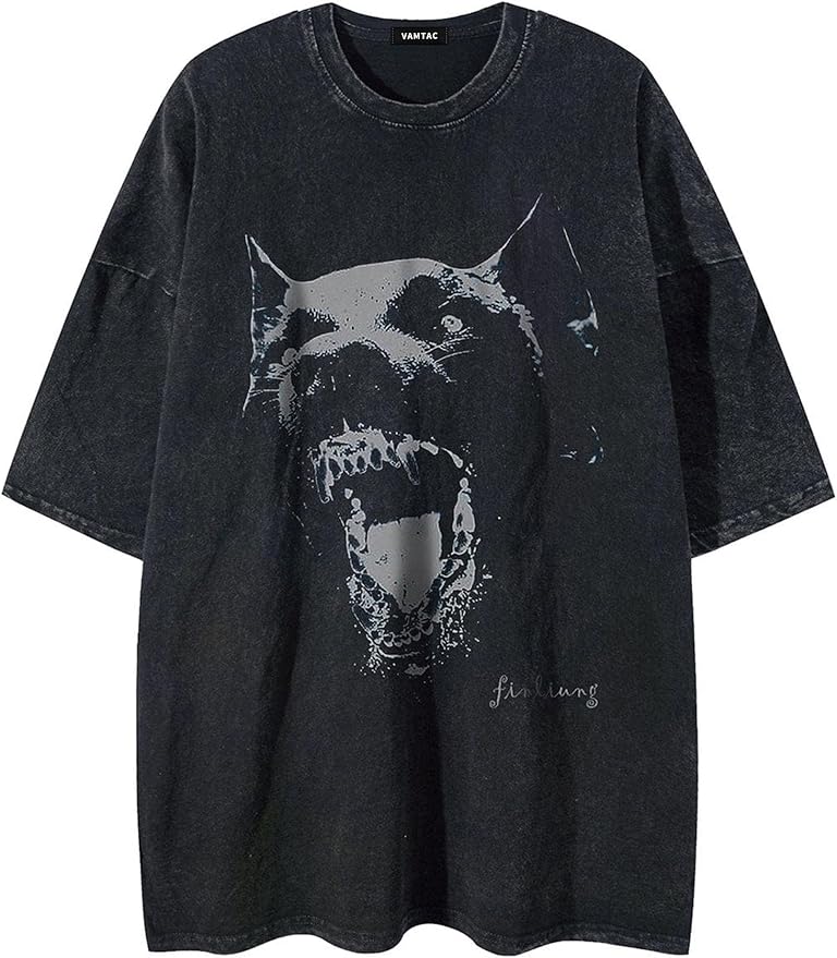 Vamtac Mens Oversized Washed Dog Graphic Tees Casual Summer Tops Streetwear Aesthetic T-Shirt Unisex