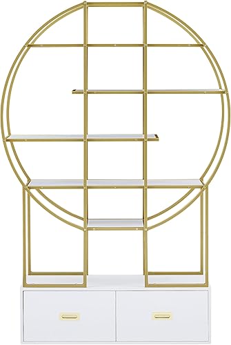 Miniatura 7 de Estantería redonda para oficina en casa con dos cajones, estante de almacenamiento independiente con tablero de MDF y marco de metal, estante de