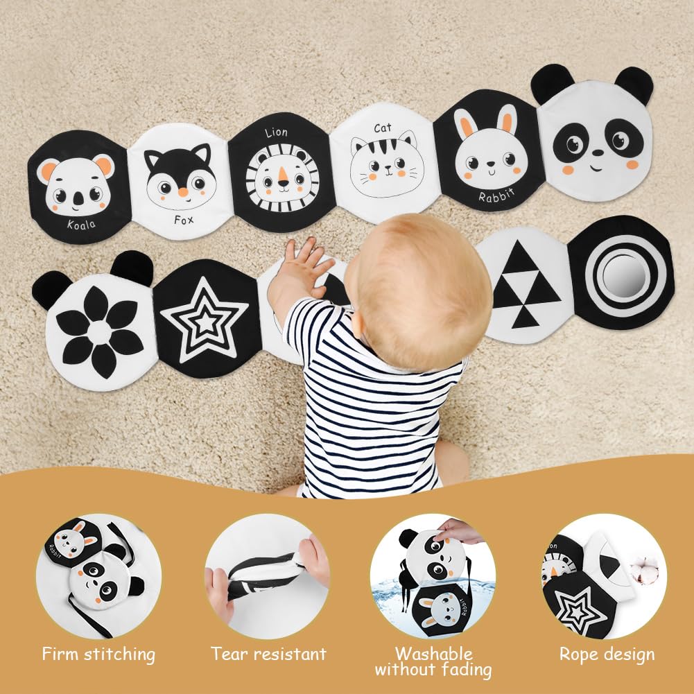 HOTUT Livre Tissu Bébé Eveil, Livre Doux Froissé, 3D Livre Noir et Blanc Bébé Montessori, livre sensoriel en tissu pour Bébé 6-12 Mois, Cadeau de Naissance pour Tout-Petit Garçon Fille, Double Face