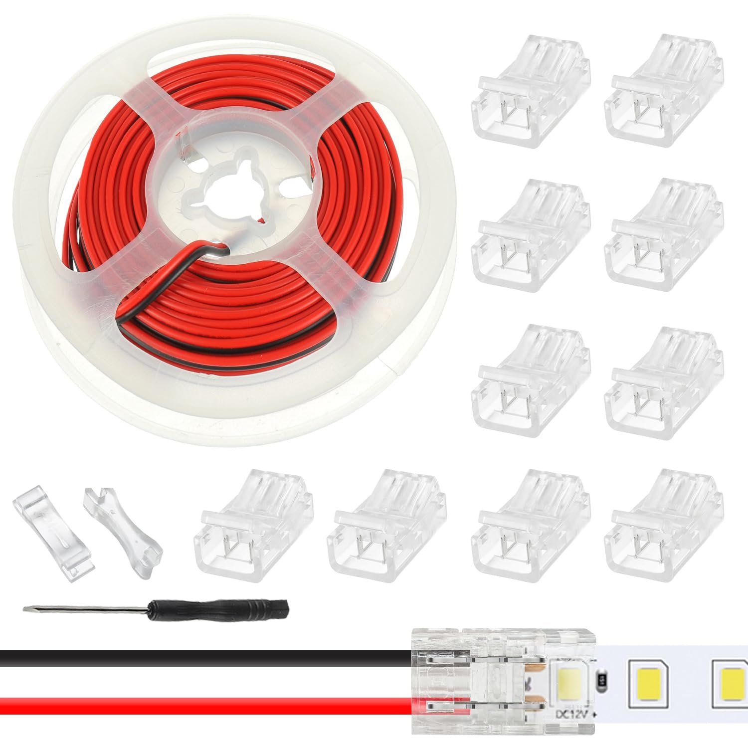 JAMHER 10 Pack LED Strip Connector RGB Lights Adapter Lighting Pin Connectors Clear Unwired Gapless Track Lighting Connector with 5M/16.4ft Cable(2 PIN 10 MM)