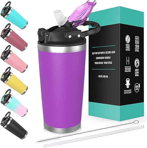 physiuo Vaso de acero inoxidable con tapa y popote de 20 onzas, taza de café aislada al vacío, taza de viaje para café de viaje, taza de viaje de
