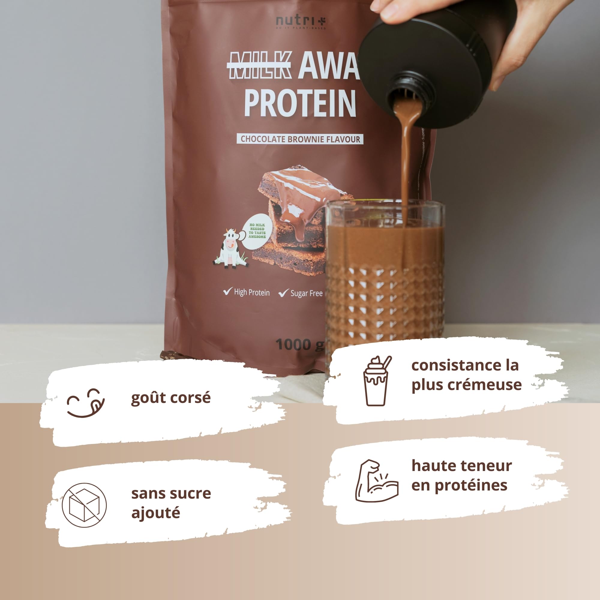 Nutri + Protéine végétalienne en poudre Chocolate Brownie - 1kg sans soja - 5k Shake de protéines de pois, sarrasin, graines de chanvre, riz et graines de citrouille