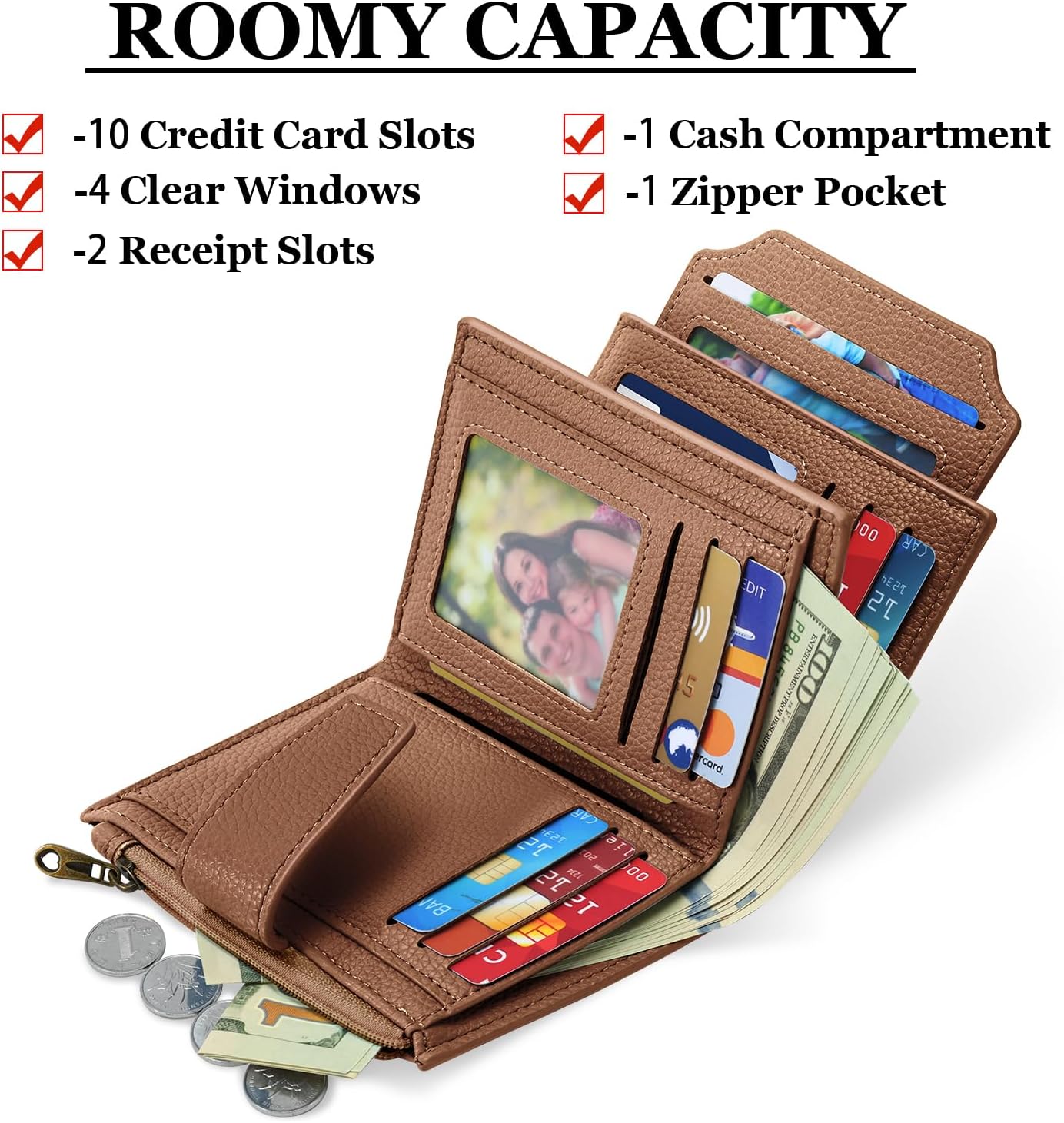 Small Wallet Women RFID Blocking Soft Leather Bifold Compact Card Holder Wallet for Women with Zipper Coin Pocket 4 ID Window - Image 2