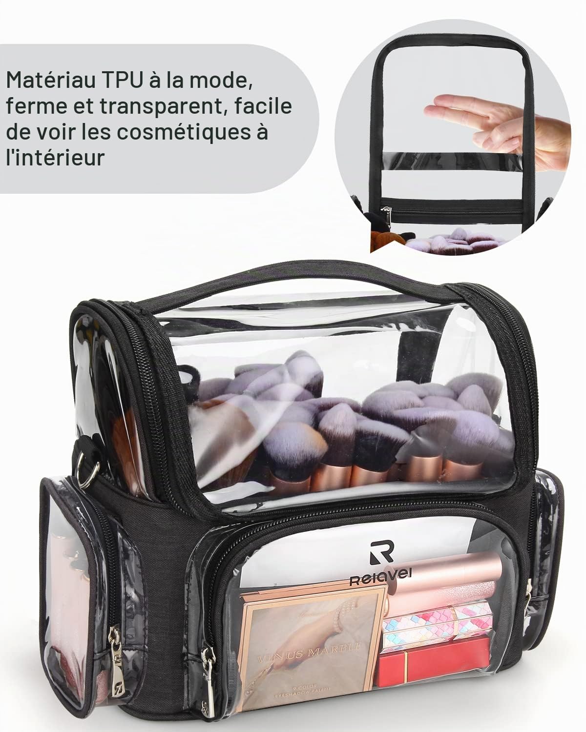 Relavel Étui pour pinceaux de maquillage professionnel, étui de voyage transparent etanche, ouverture complete, facile d'accès, avec sangle regulable