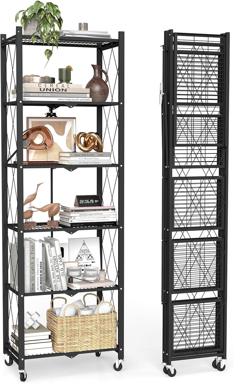 3 Tier Foldable Storage Shelves with Wheels -No Assembly Metal Folding Shelves Collapsible Shelving Unit Display Heavy Duty Rolling Shelf for Home Kitchen Office Room (White, 31.5" x 13" x 27")