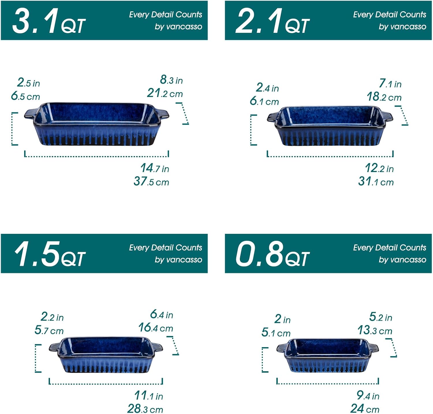 vancasso Ceramic Casserole Dishes for Oven, Reactive Glaze Baking Dishes Set of 4, Deep Rectangular Lasagna Pans with Handles, Ceramic Bakeware Set, Microwave Dishwasher Oven Safe, Blue (9.4"/11.1"/12.2"/14.7")
