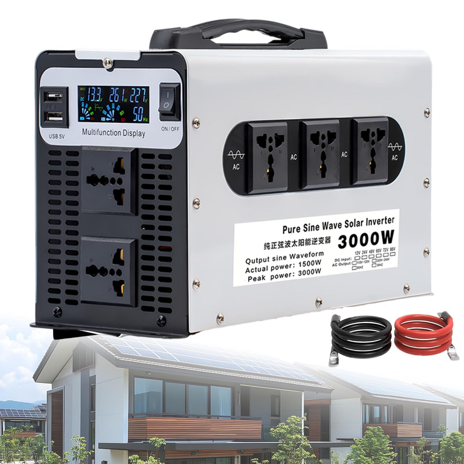2025 Inversor Solar Híbrido Mejorado 3000W, DC 12V/24V/48V/60V/72V a 230V AC, Onda Sinusoidal Pura, 5 Tomas AC, 2 Puertos USB, Inversor Multiportátil para Casa 12V-3000W
