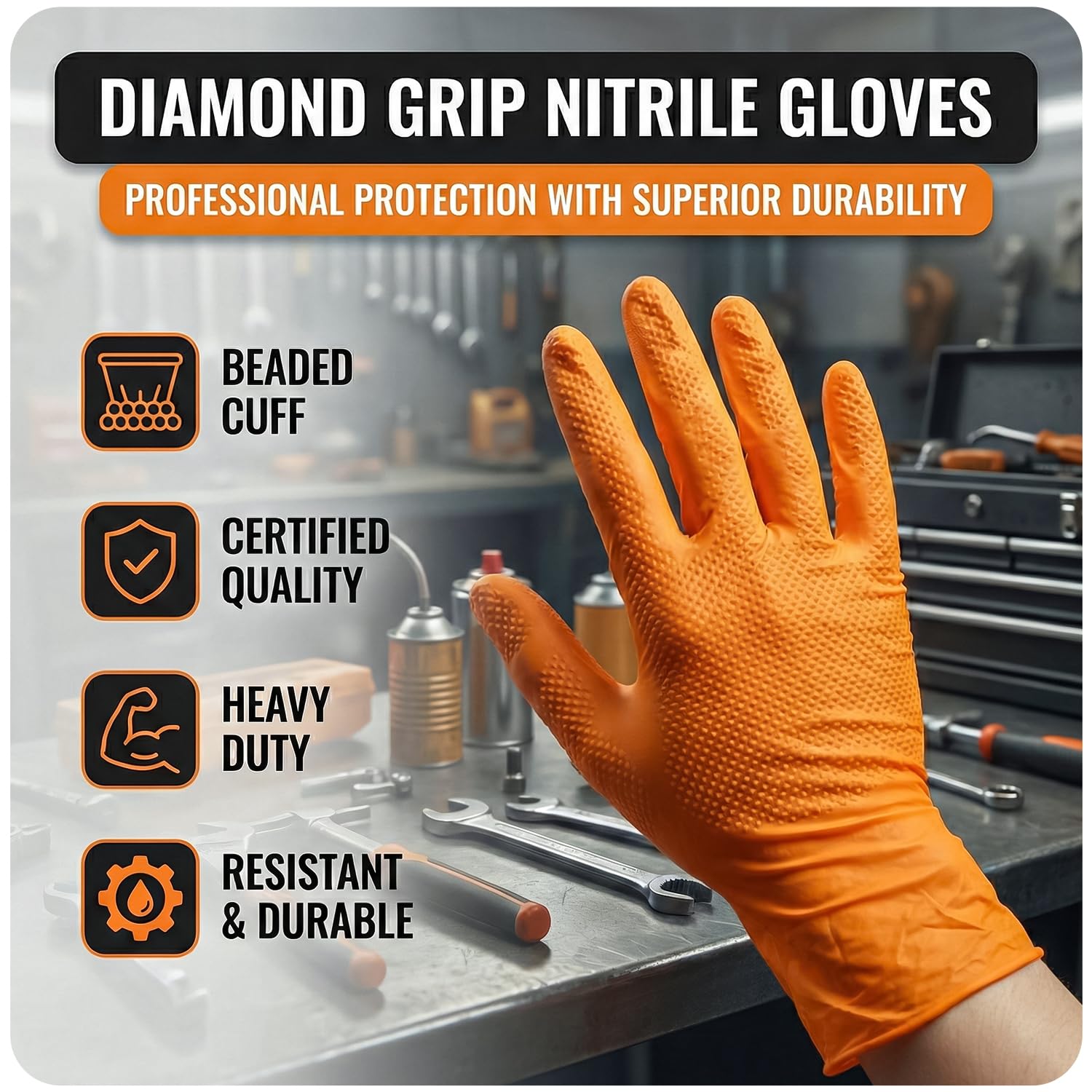 Guantes de nitrilo, 500 unidades, guantes mecánicos desechables de alta resistencia, textura de diamante, sin látex ni polvo, antideslizantes, extragruesos, ideales para tareas