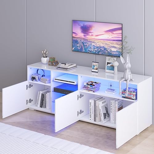 Miniatura 3 de Soporte de TV LED para TV de 7565 pulgadas, consola de TV moderna de alto brillo, centro de entretenimiento con almacenamiento y luces LED para sala