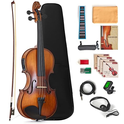 4/4 Silent Electric Violin - Solid Spruce Top & Maple Back, Carbon Fiber Tailpiece, Ebony Fittings, Starter Kit for Beginners