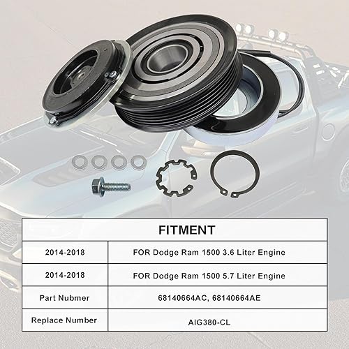 Miniatura 4 de Kit de reparación del conjunto del embrague del compresor de CA compatible con Dodge Ram 1500 5.7L 2014 2015 2016 2017 2018# AIG380-CL 68140664AC