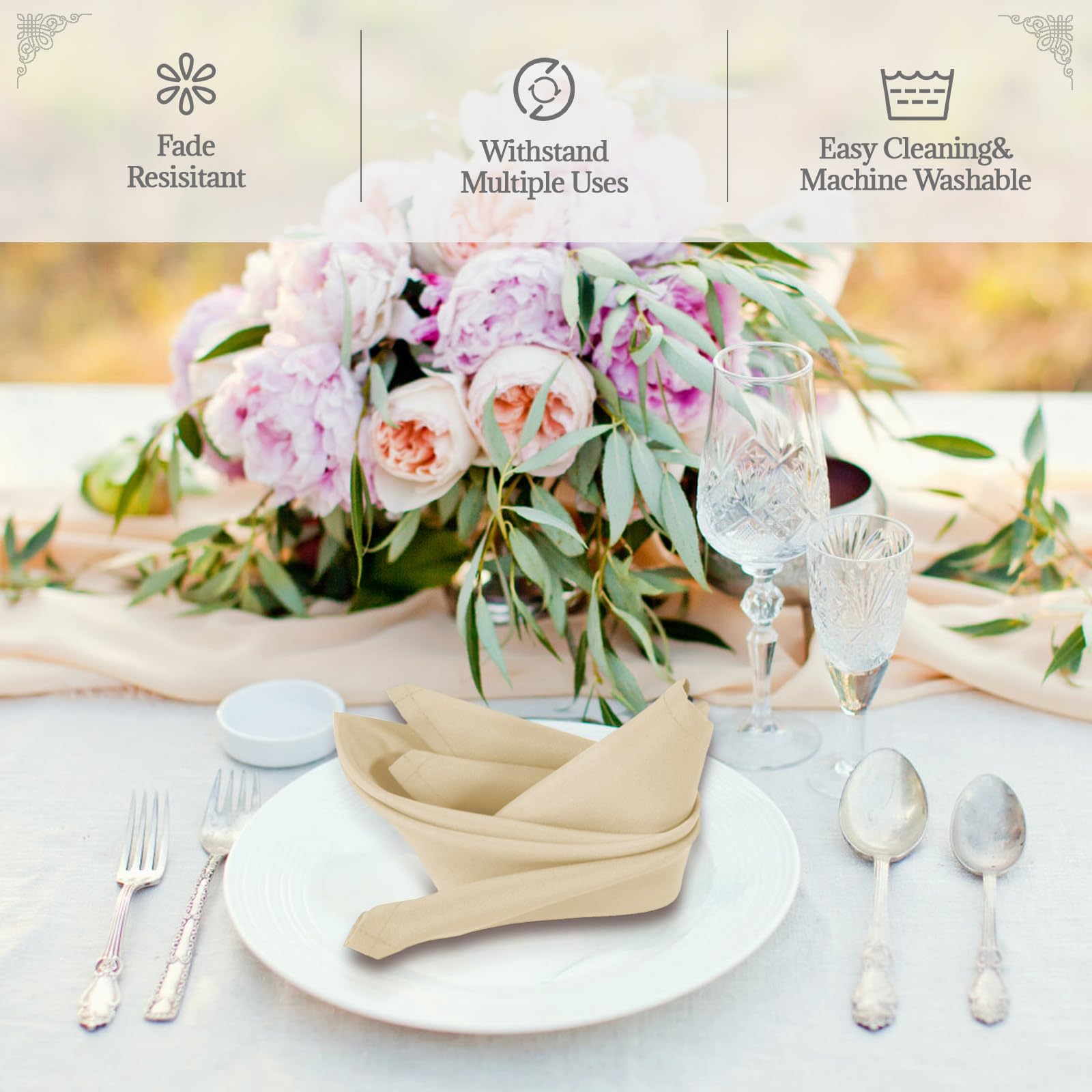 PLOYMONO Servilletas de poliéster Resistentes de Color Beige, 43 x 43 cm, servilletas de Tela Lavable sólida, Juego de 8 servilletas con Bordes con Dobladillo, Ideales para Bodas, Fiestas, Banquetes