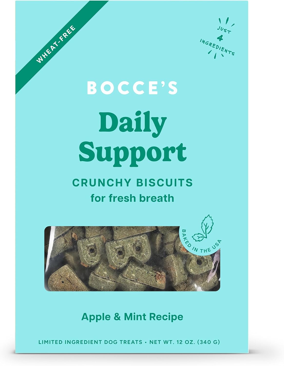 Bocce's Bakery Breath Support Crunchy Biscuits Dog Treats, Apple Mint 12 oz