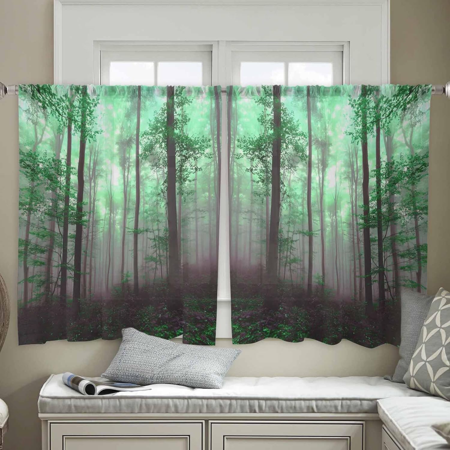 Forest Spring Season Mystic Foggy Enchanted Woods Trees Sheer Curtains 45 Inch Length 2 Panels Set, Green Semi Transparent Voile Rod Pocket Curtains for Living Dining Room Bedroom Drapes