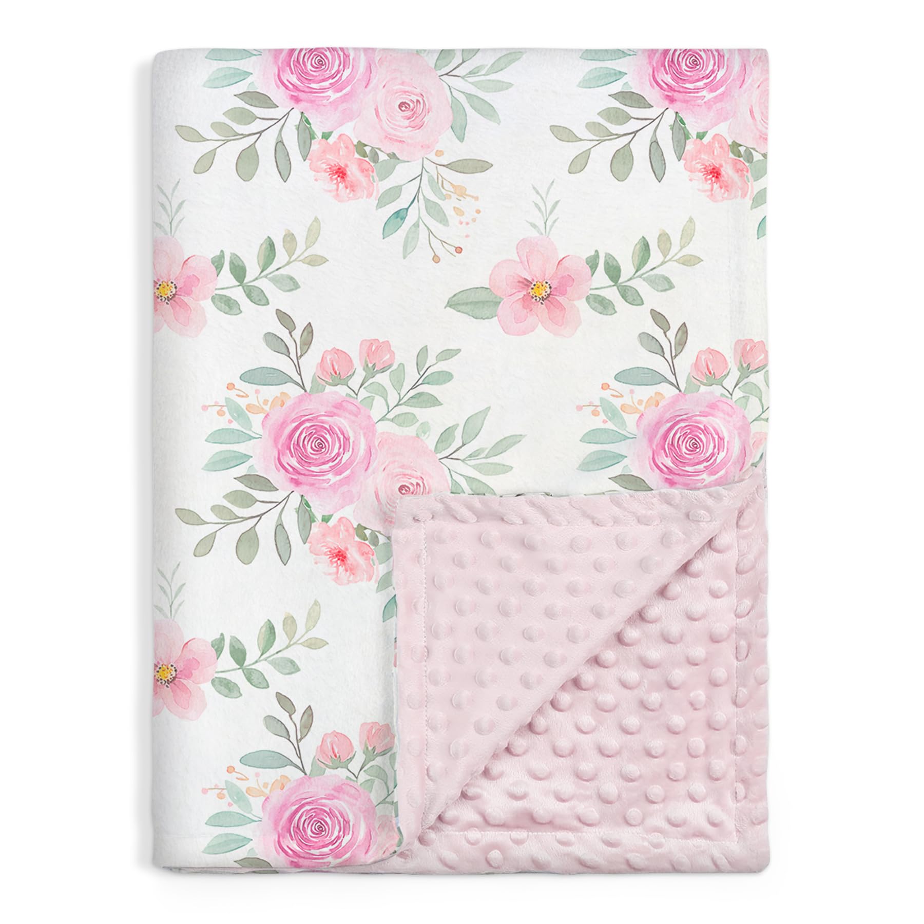 Floral Minky Baby Blanket 30 x 40 Inches for Girls, Soft Plush Receiving Blanket with Dotted Back