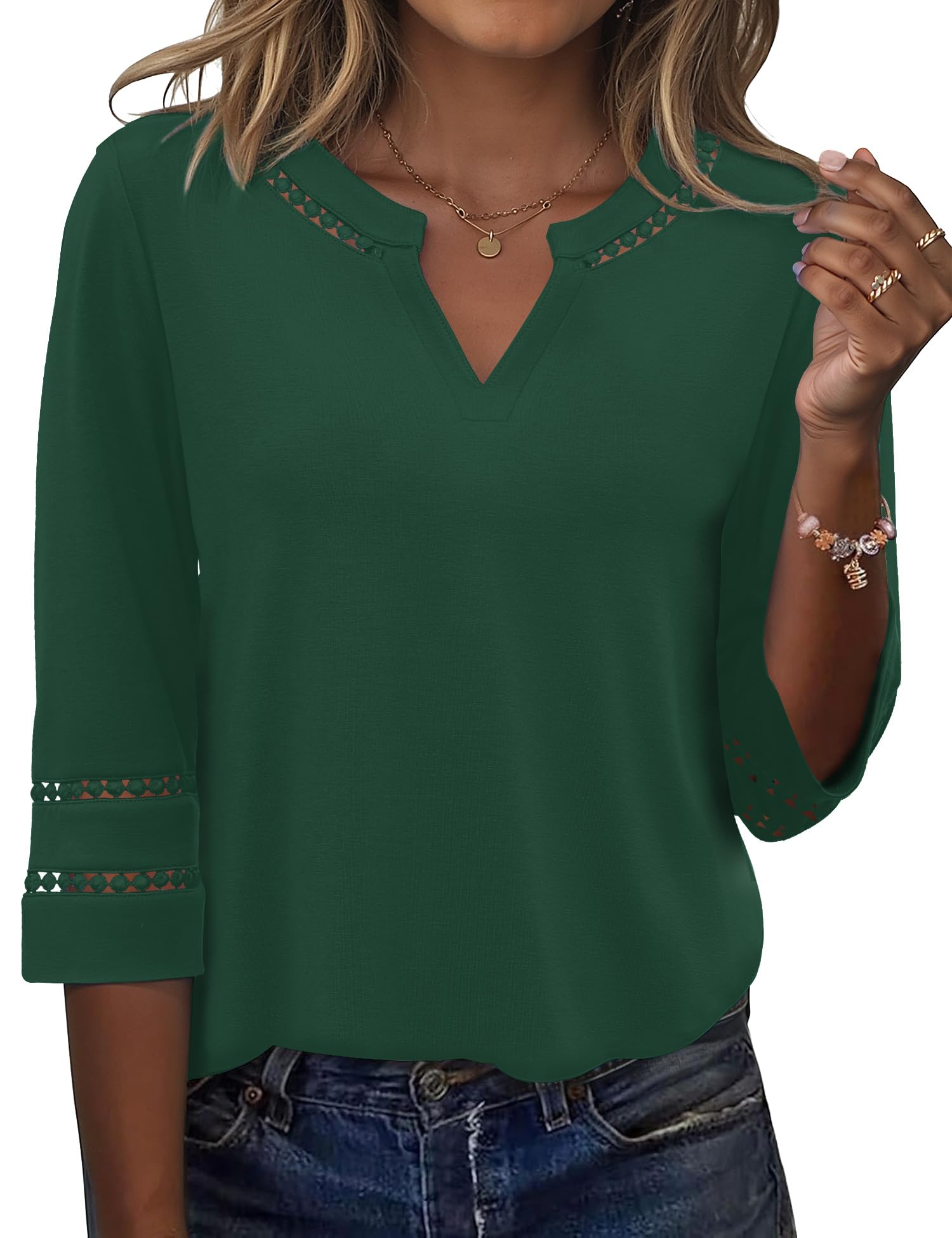 Rapbin Bluse Damen Elegant 3/4 Arm Shirt V-Ausschnitt Sommer Tunika Spitze Bestickt Vintage Oberteil 2026 Mode Tops