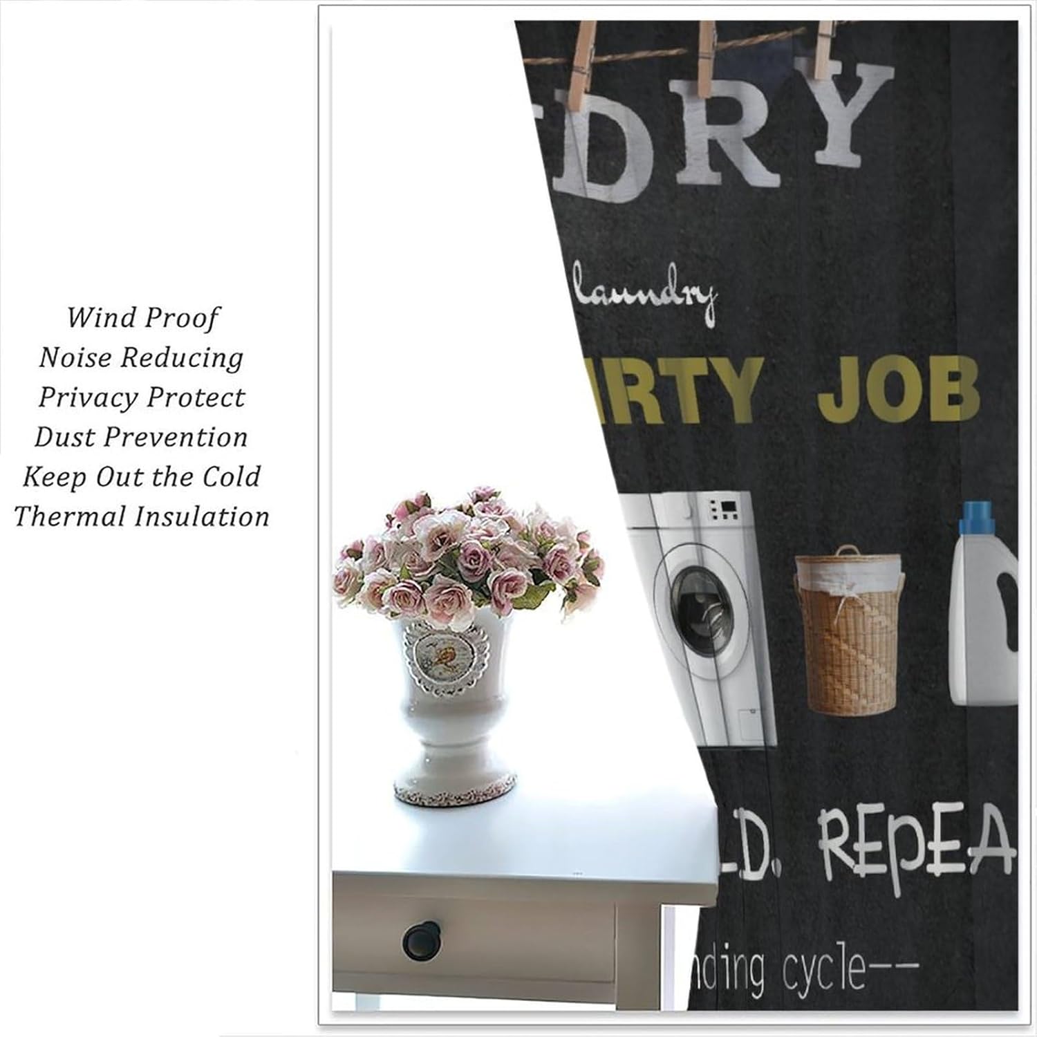 Laundry Room Kitchen Curtains, Chalkboard Background Life Quotes Laundry Supplies Blackout Window Treatments, Rod Pocket Thermal Insulated Drapes 2 Panel Sets for Bedroom Living Room, 84"W X 84"L