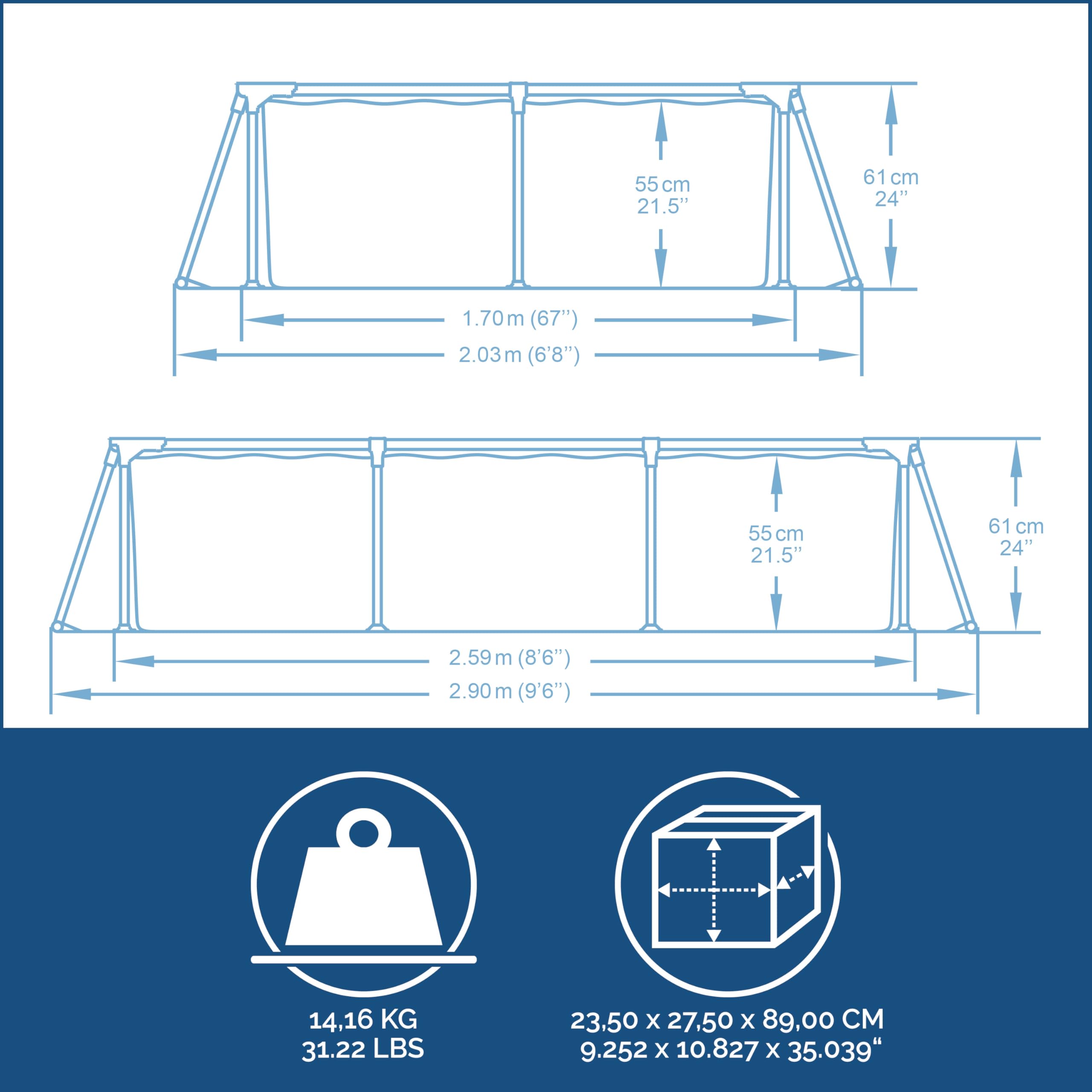 Bestway Steel Pro Frame Pool rechteckig 259 x 170 x 61 cm 2.300 Liter TriTech-Material FrameLink System korrosionsgeschützter Stahlrahmen dunkelblau