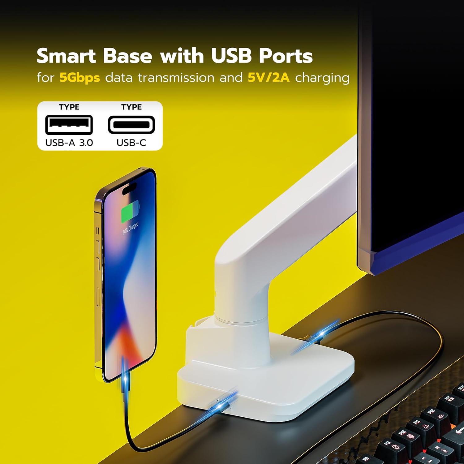 Close-up of the monitor arm base with integrated USB-A and USB-C ports.