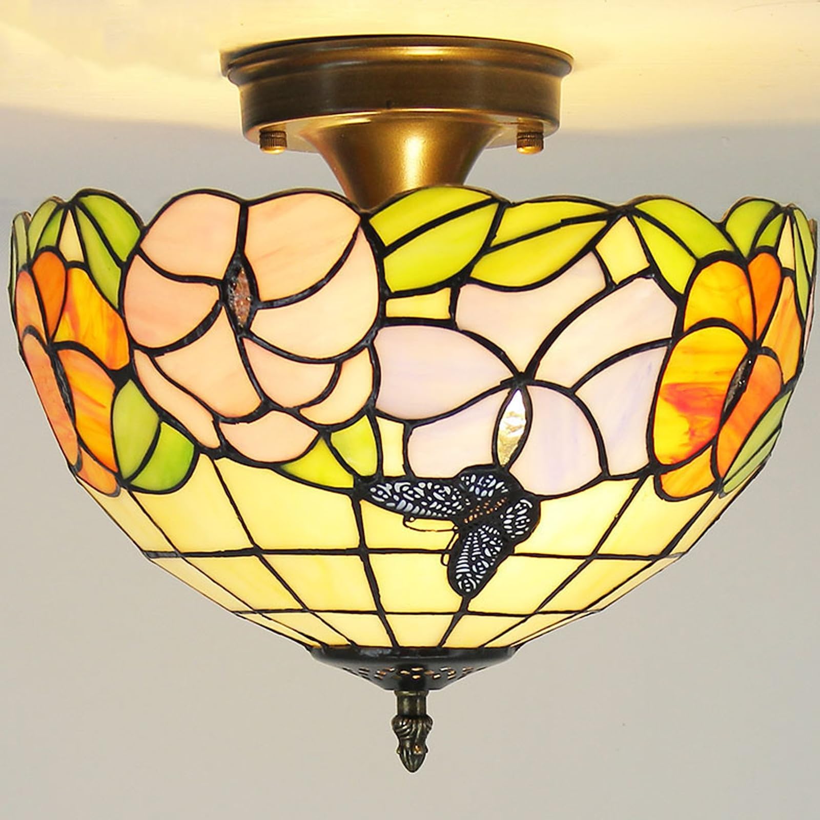 WDBZTJ Tiffany Style Ceiling Light Flush Mount, 12 inch Stained Glass Ceiling Lamp, E27 Bulb, Vintage LED Chandeliers for Living Room Bedroom(C3)