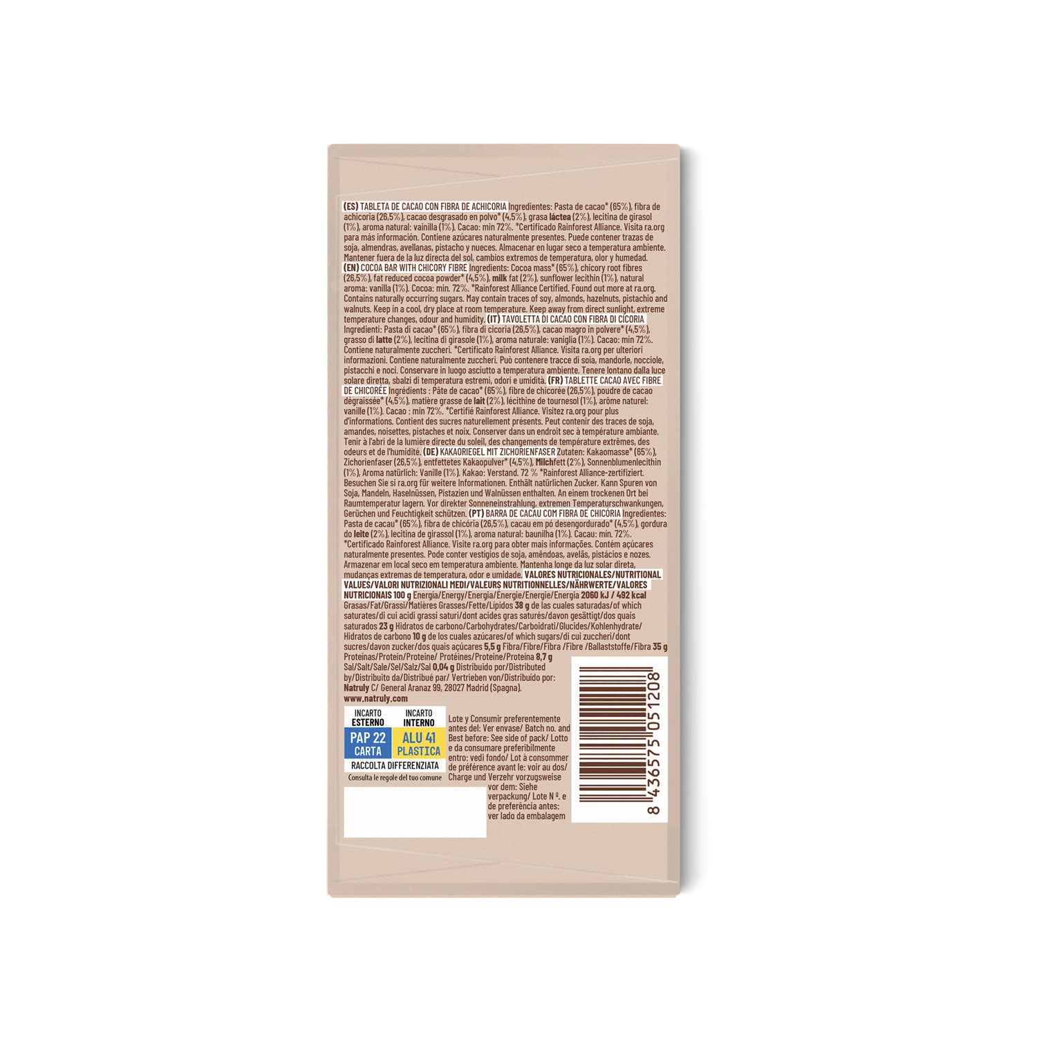 NATRULY Tableta de Chocolate Negro sin Azúcar y sin Edulcorantes con Fibra de Achicoria, sin Gluten, Chocolate 72% -Pack 2x85 g