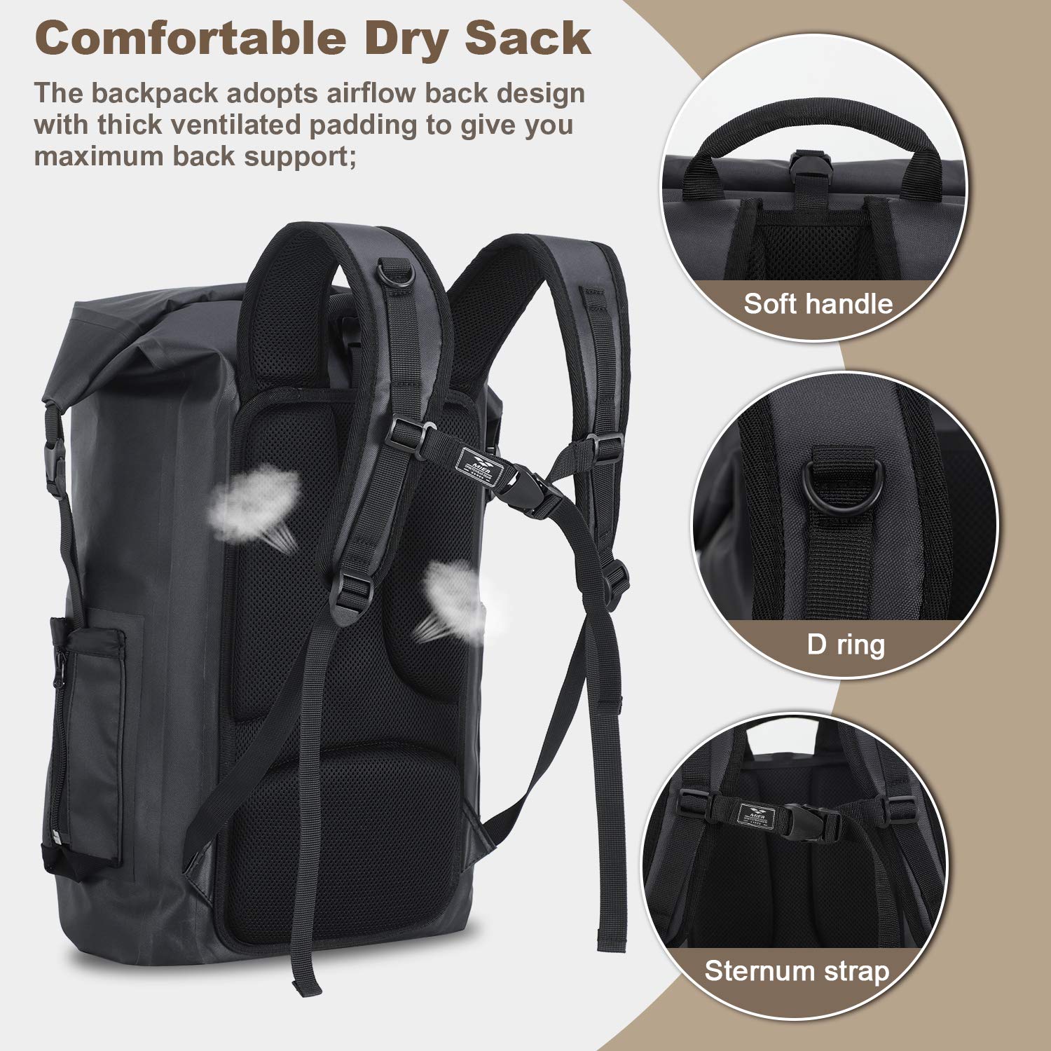 MIER Mochila Impermeable Dry Bag Resistente con Cierre Enrollable para Kayak, Playa, canotaje, natación, Surf, 30 L, Black, Bolsa Seca