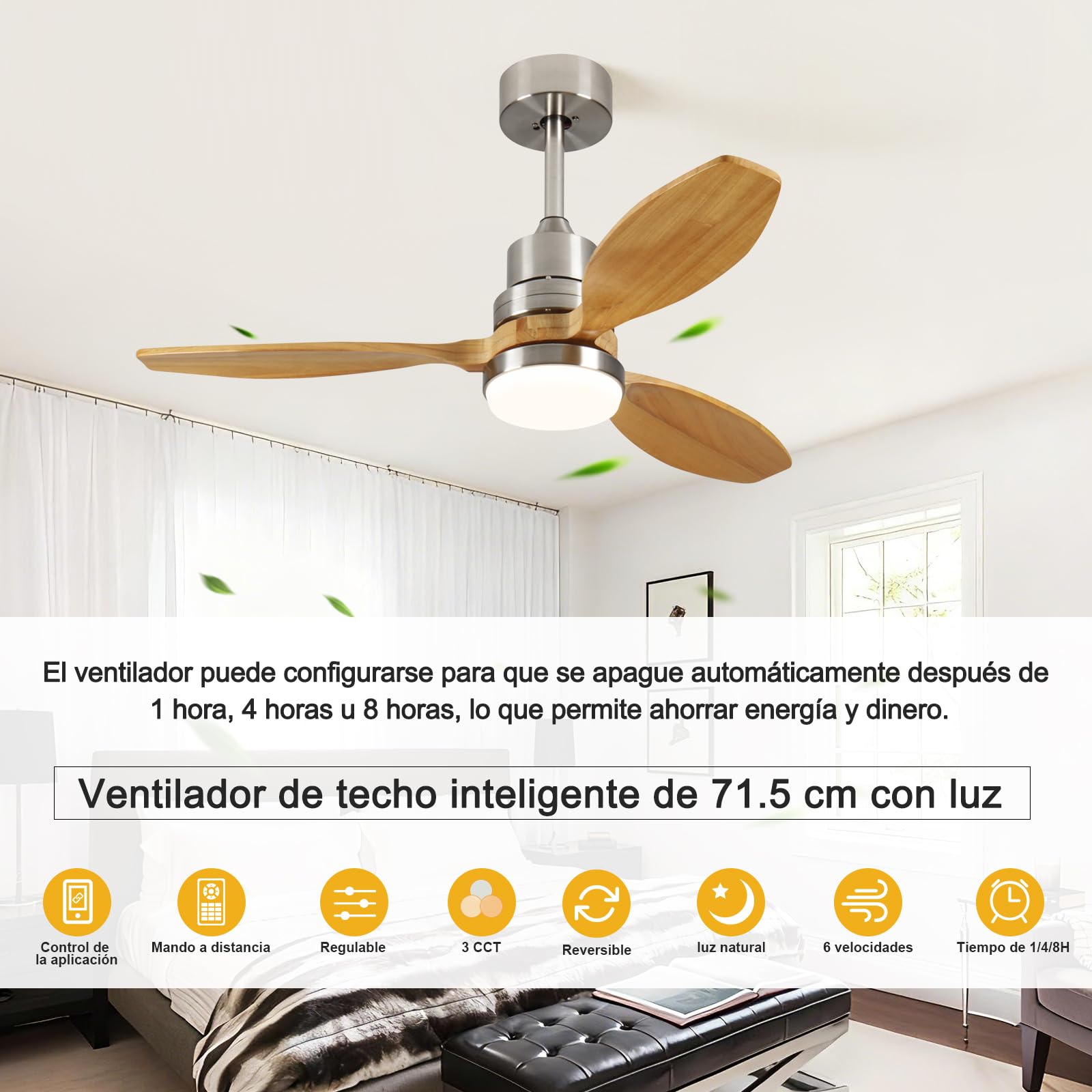 Ventilador de Techo con Luz y Mando a Distancia, Ventiladores de Techo de 107 cm con Lámpara Luz Led con Motor DC, 3 Aspas, 6 Velocidades, Silencioso, Temporizador, para Exterior Dormitorio Saló