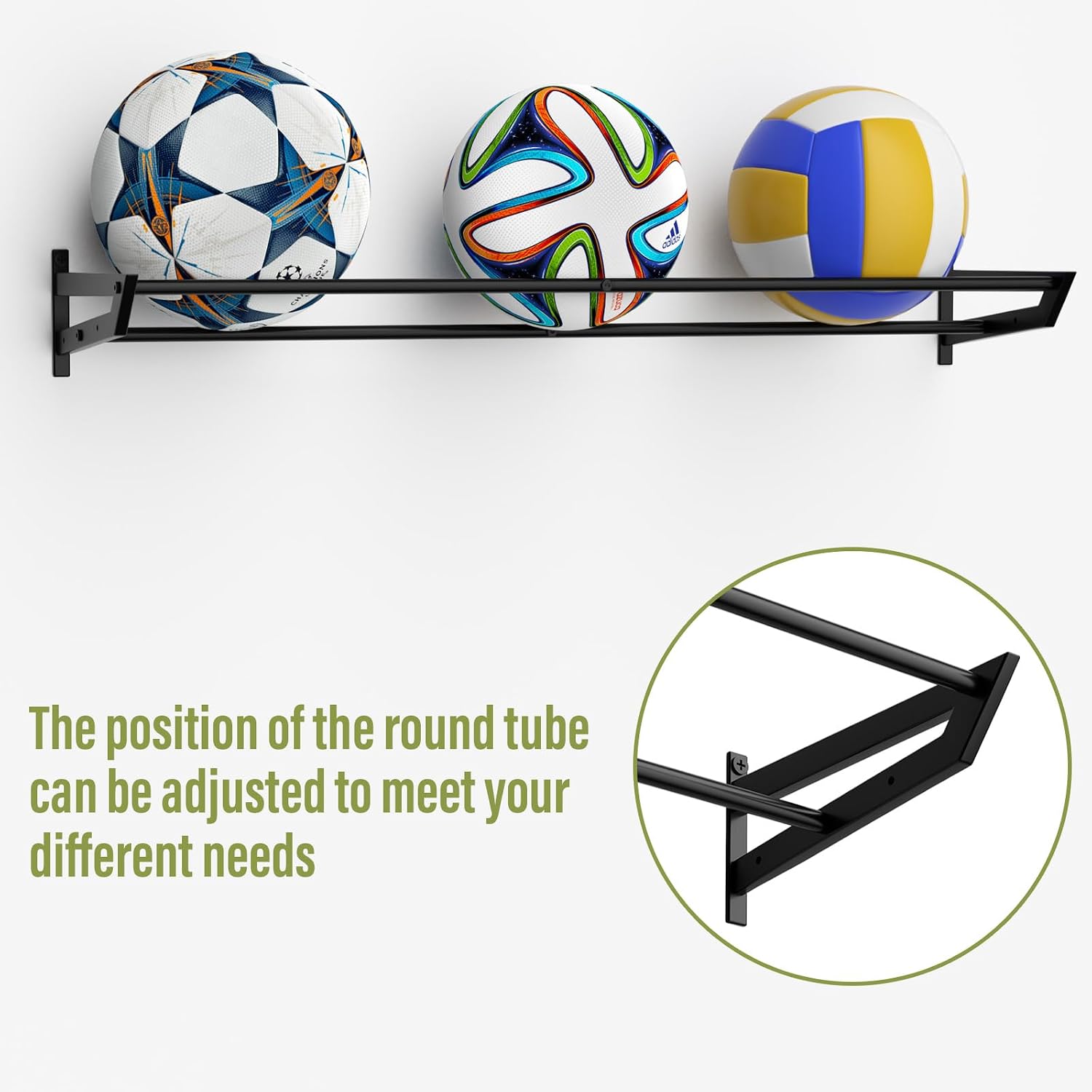 BTY Ball Holder Wall Mount Garage Sports Equipment Organizer 3 Separate Wall Ball Storage Rack with 6 Hooks for Basketball Football Soccer Volleyball