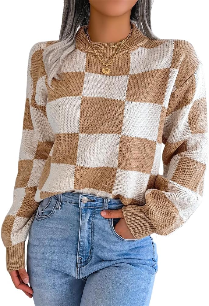 Women' Plaid Knitted Sweater for and Winter O-Neck Long Sleeve Casual Loose Pullover Sweaters Female