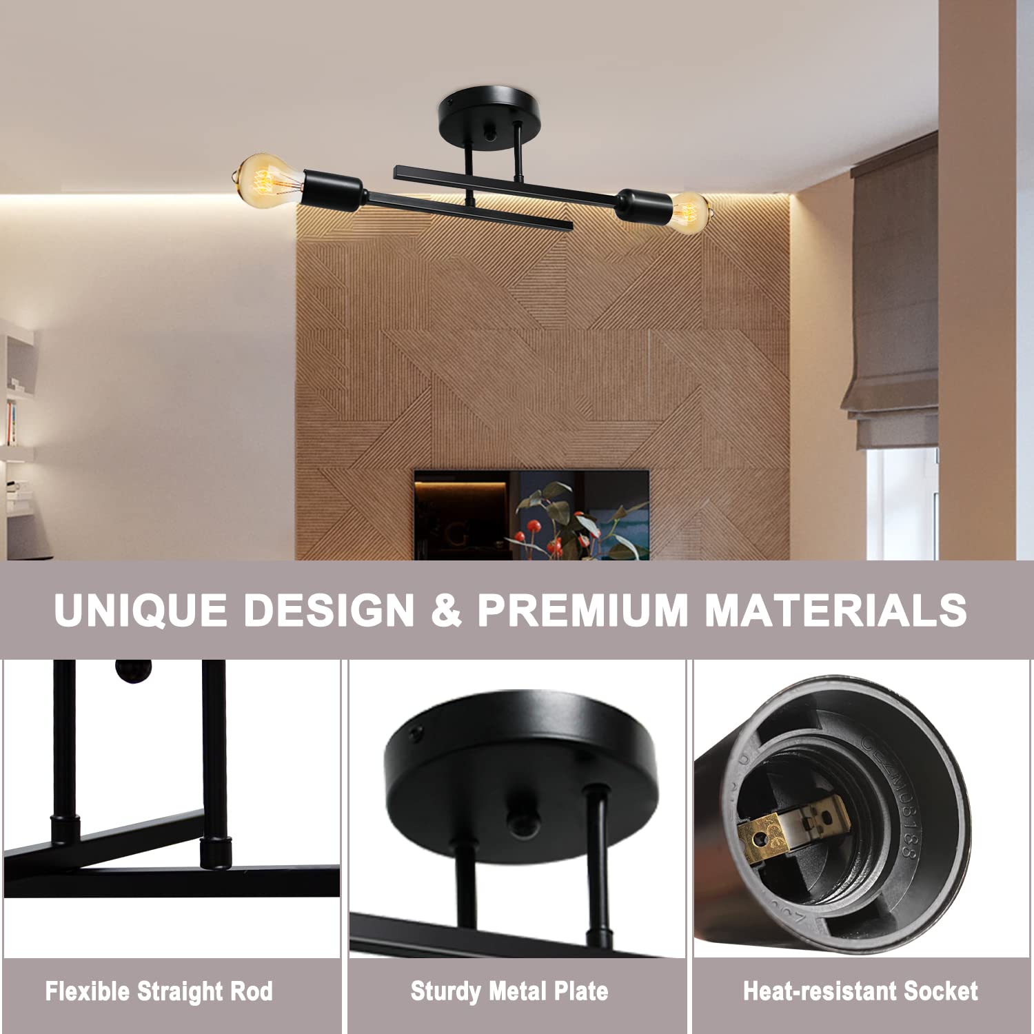 XHWHZZ - Lámpara de techo semiempotrada de 4 luces, lámpara de techo industrial, moderno Sputnik Chandelie de metal negro para sala de estar, sin bombilla 3