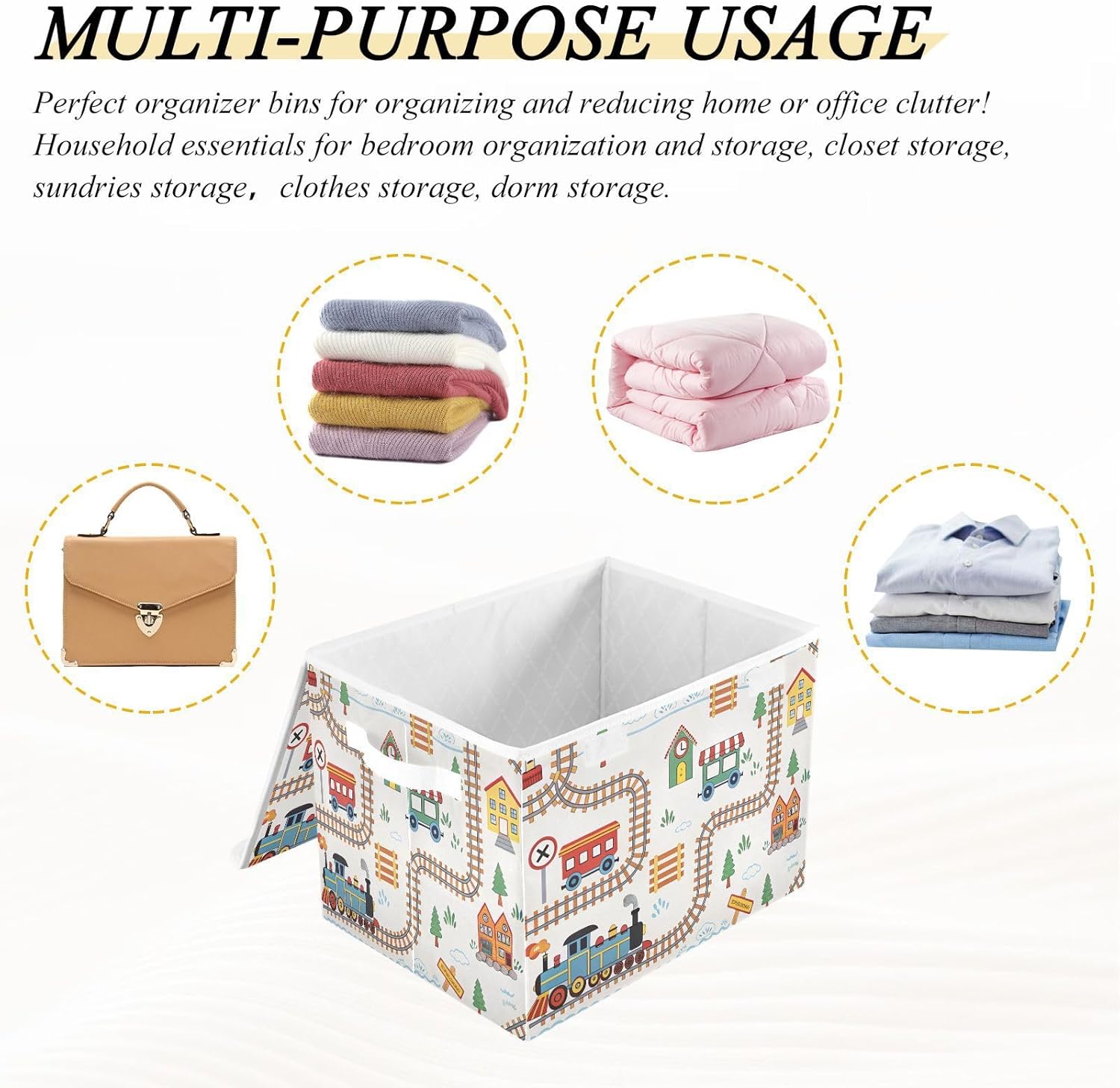 Cartoon Playful Train Fabric Storage Bin with Lid, Collapsible Basket with Handles, Shelf Cube Closet Organizer for Home and Bedroom