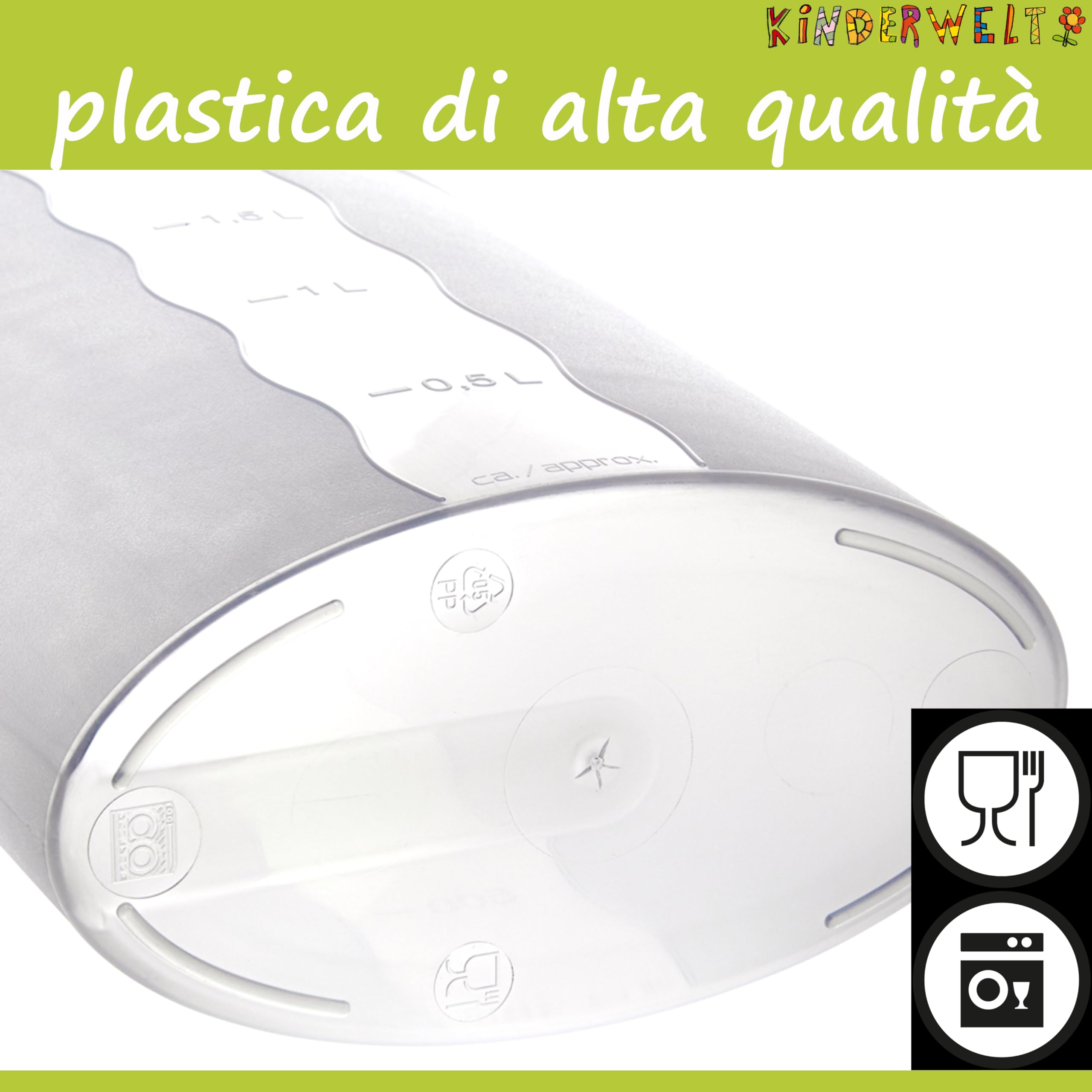 KiNDERWELT Caraffa per succo da 2 litri, in plastica, con coperchio, con inserto per frutta e scala, per porta del frigorifero, caraffa per acqua per bevande fredde come succo, tè freddo