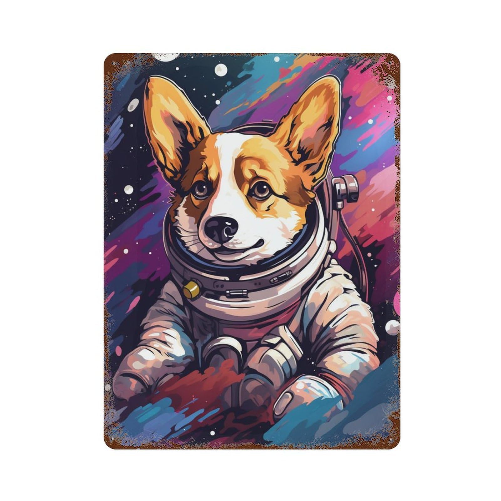 Weathered Tin Sign Corgi Astronaut in Space -13 15.7"x11.8", Novelty Wall Decor for Basement, Hobby Room And Garage Decor