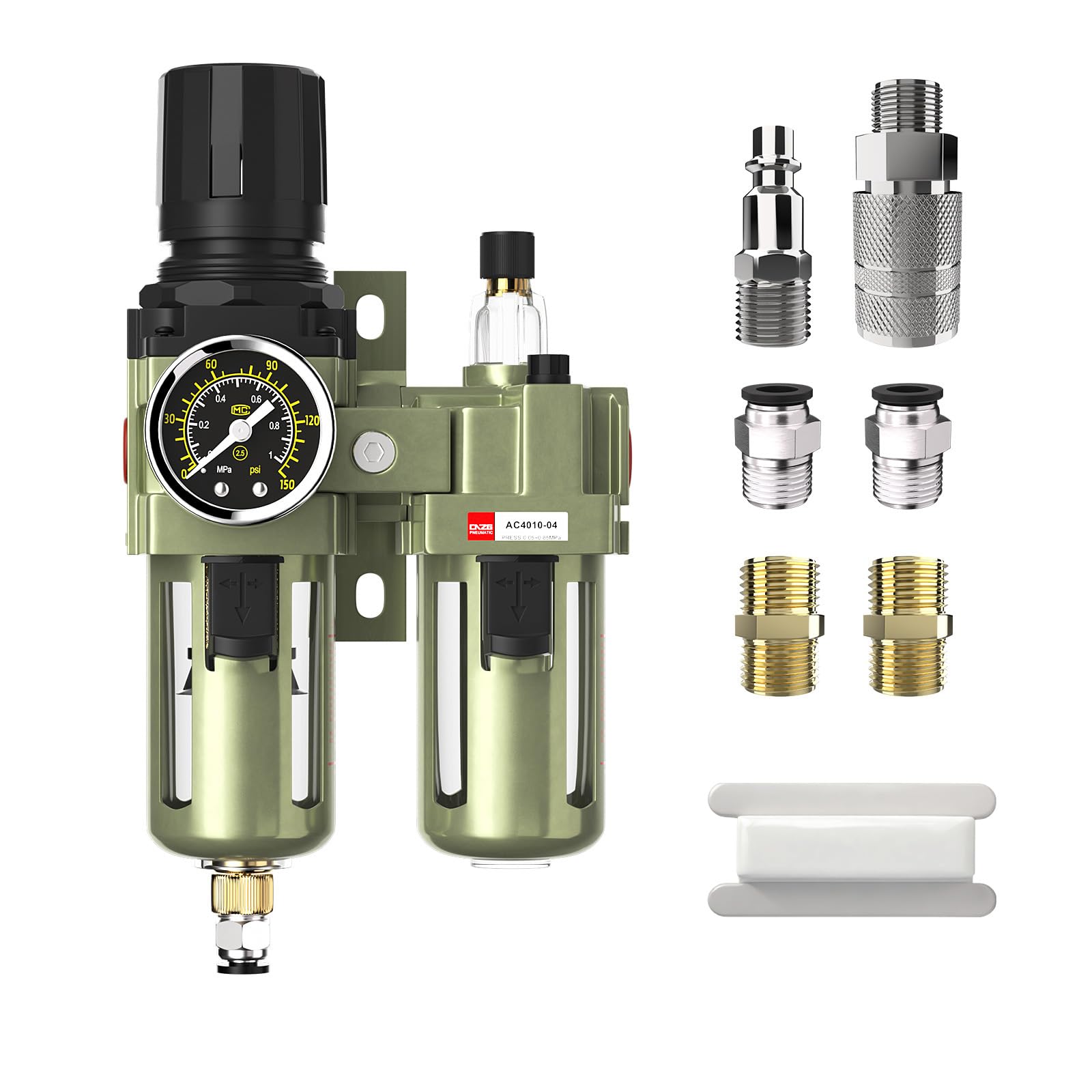 NPT 1/2 Regulador de aire con manómetro, compresor de aire separador de agua con accesorios, filtro de aire comprimido neumático trampa de aceite a presión (AC4010-04)