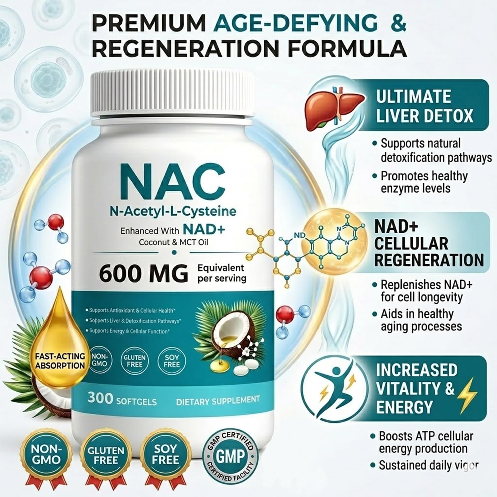 NAC N-Acetyl L-Cysteine 600 mg Softgels | Enhanced with Coconut & MCT Oil,Non-GMO, Gluten Free | 300 Softgels (100 Day Supply）