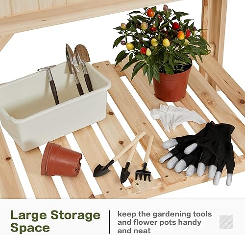 Miniatura 6 de Amerlife - Jardinera elevada de madera, con patas y un estante de almacenamiento, incluye herramientas de jardín, para plantar plantas, hierbas y