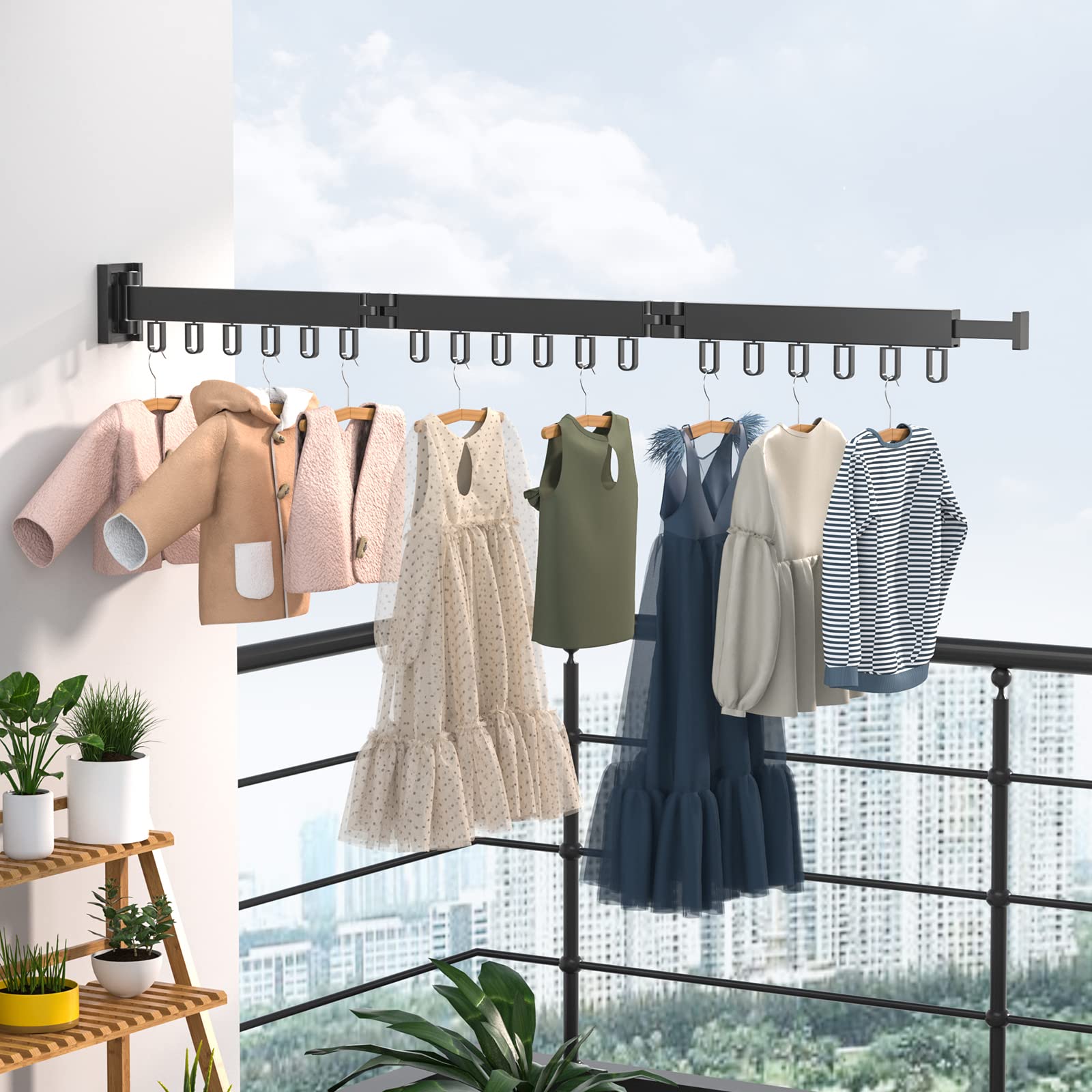 Wäscheständer Versenkbar mit 12/18 Haken, Wandmontierter Kleiderständer, Platzsparend Zusammenklappbar Kleiderstange mit Handtuchhalter für Balkon,Wäsche, Schlafzimmer (Schwarz-3 Faltbare Racks)